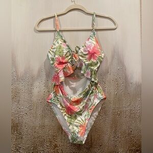 NWOT Hurley Floral Cut Out Ruffled W/Lace Up Back One Piece Swimsuit - Size S